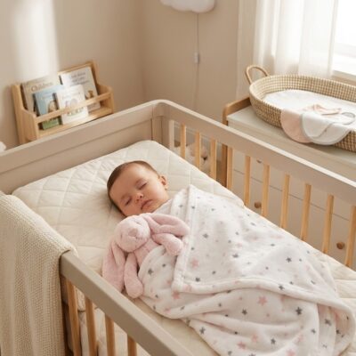 Baby sleeping in a white wooden crib, tucked in a pastel star-patterned blanket with a pink plush toy. Nearby: a woven basket and soft nursery decor.