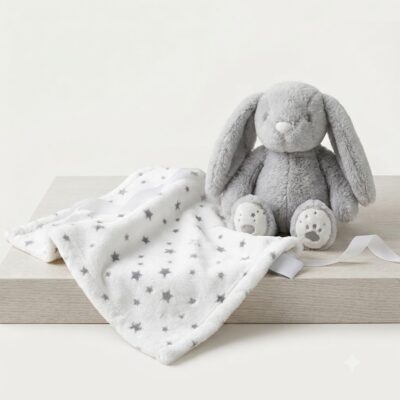 Gray plush bunny with long ears sits on a white blanket with gray stars, on a light wooden surface.
