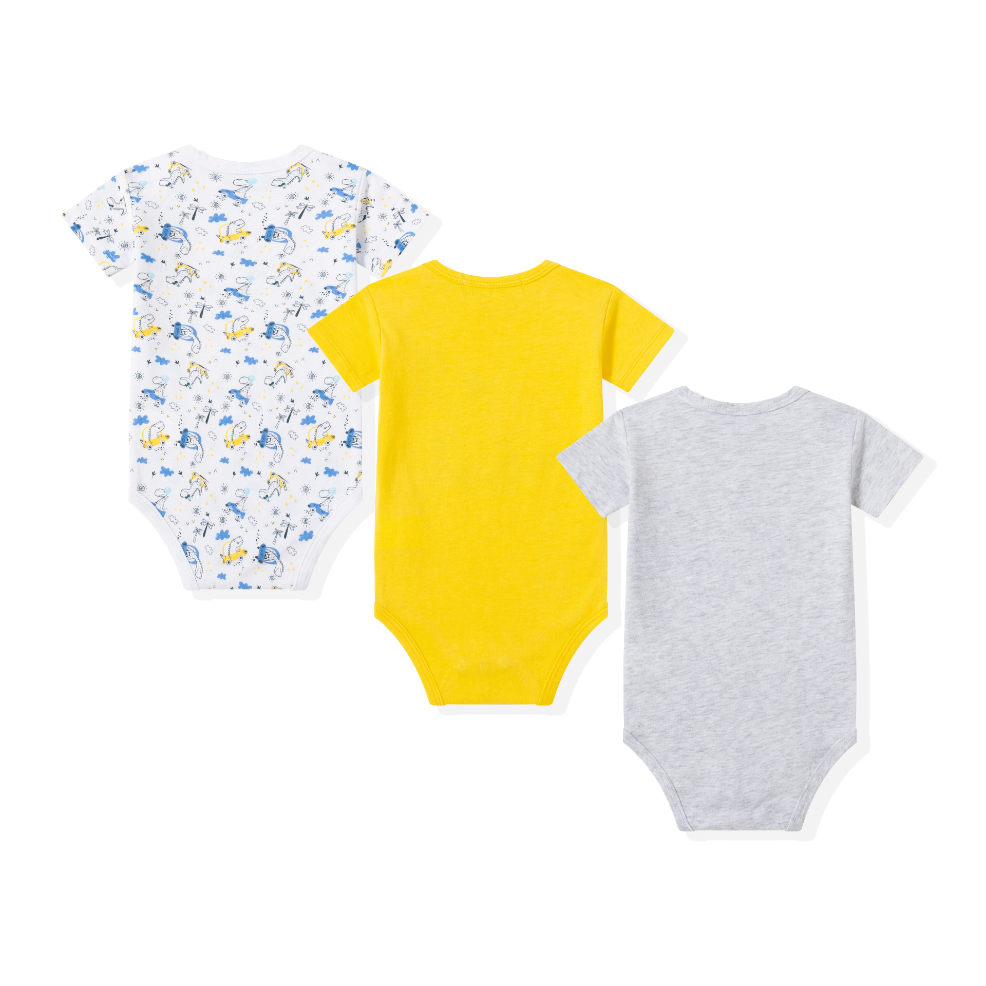 0021065_bodies-3-a-24-meses - Da-Da Kids Three kids’ t-shirts in a row: a white patterned shirt with blue/yellow graphics, a solid yellow shirt, and a light gray shirt.