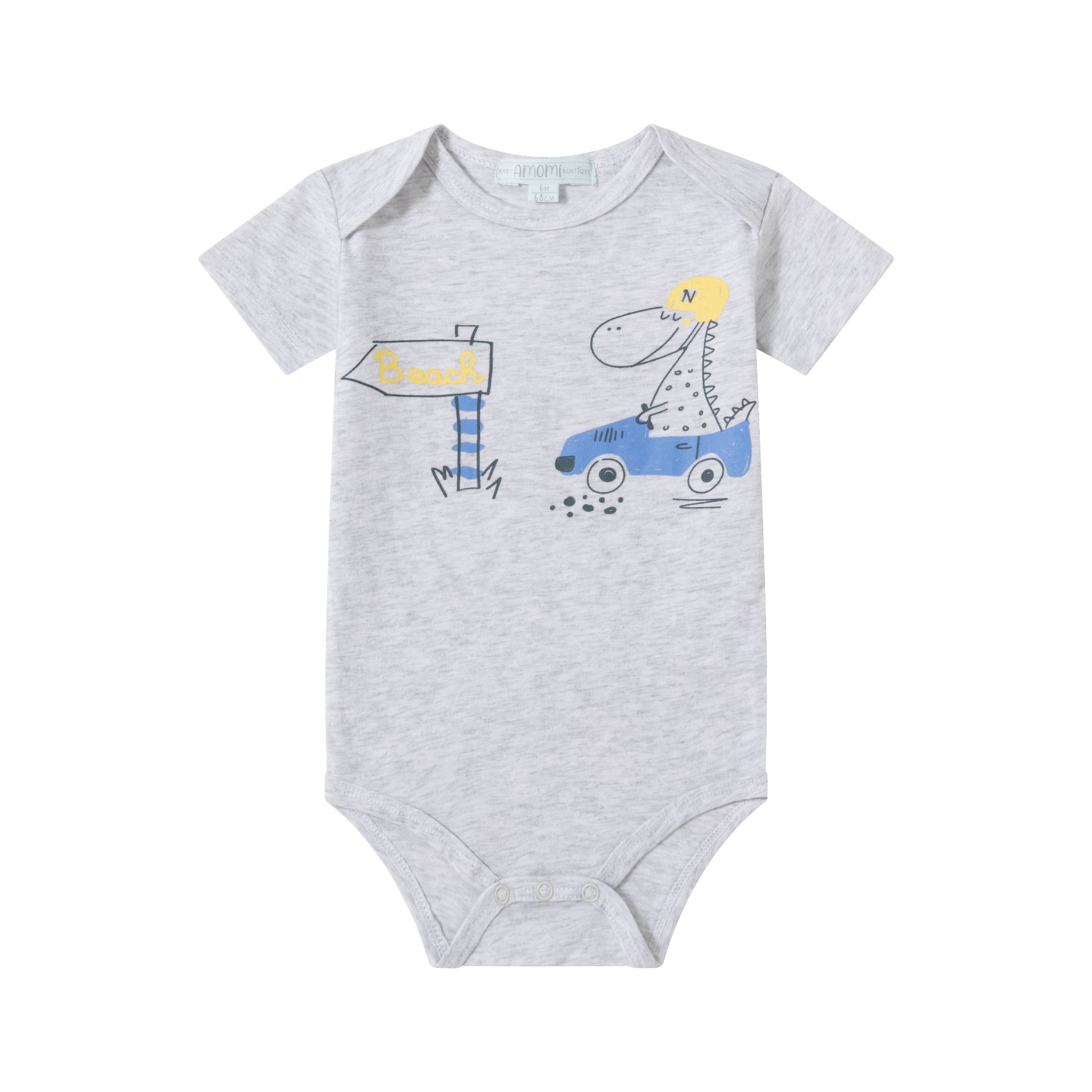 0021080_bodies-3-a-24-meses - Da-Da Kids Gray baby onesie with a doodle-style dinosaur driving a blue car and a yellow sun graphic, on the chest area.