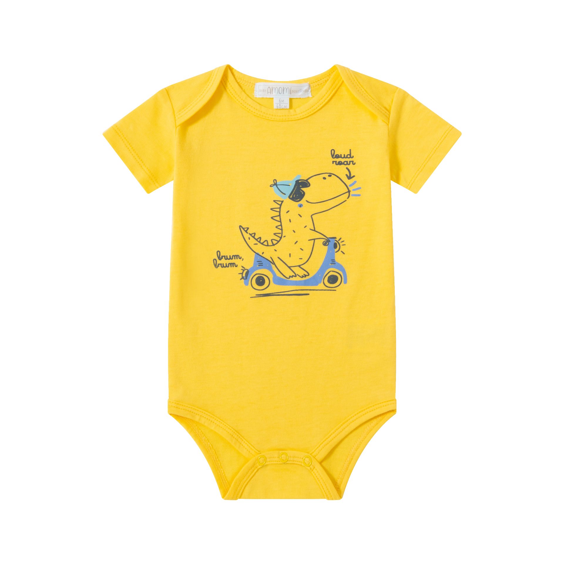 0021081_bodies-3-a-24-meses - Da-Da Kids Yellow baby onesie with short sleeves, featuring a blue dinosaur riding a skateboard and the words 'loud roar.'