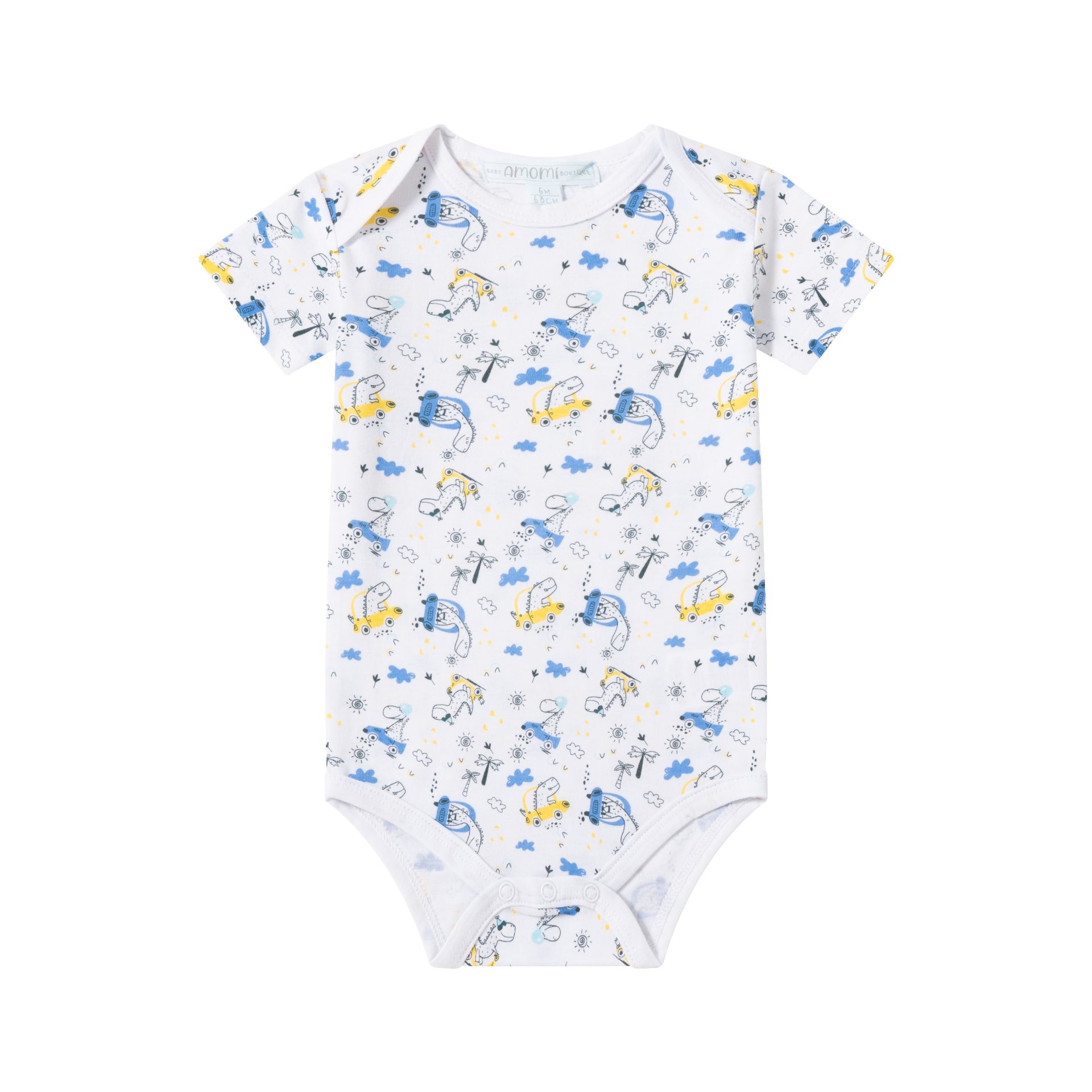 0021082_bodies-3-a-24-meses - Da-Da Kids White baby onesie with short sleeves featuring a blue and yellow vehicle and palm-tree pattern across the fabric