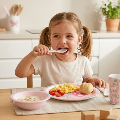 Smiling young girl with pigtails eating breakfast at a bright kitchen table, plate with cereal and tomatoes, bread roll, and a pink cup nearby.