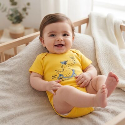 Smiling baby in a yellow onesie sits on a beige blanket, reaching with feet playfully visible in a cozy room.