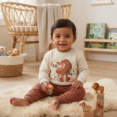 Smiling toddler sitting on a fluffy rug in a bright nursery, stacking wooden animal blocks nearby.