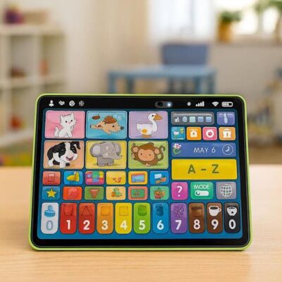 0960380 - Da-Da Kids Colorful children's tablet on a wooden table with animal icons and letters in a bright classroom setting.