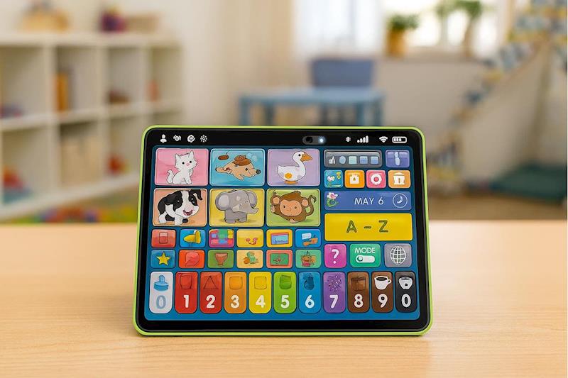 0960380 - Da-Da Kids Colorful children's tablet on a wooden table with animal icons and letters in a bright classroom setting.