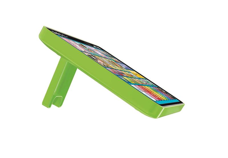 0960381 - Da-Da Kids Green tablet stand propping up a tablet at an angled view, showing the stand's kickstand support.