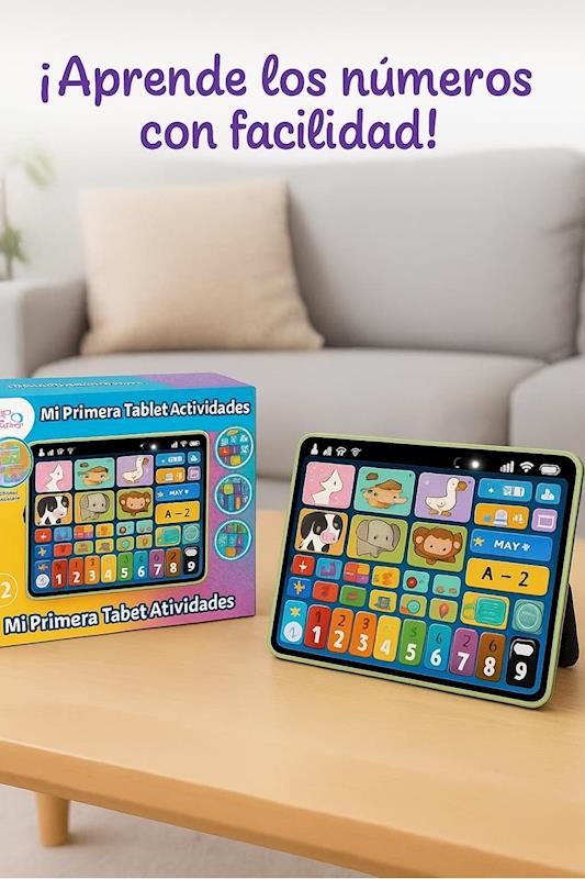 0960383 - Da-Da Kids Spanish banner reads '¡Aprende los números con facilidad!' as two colorful learning tablets sit on a coffee table.