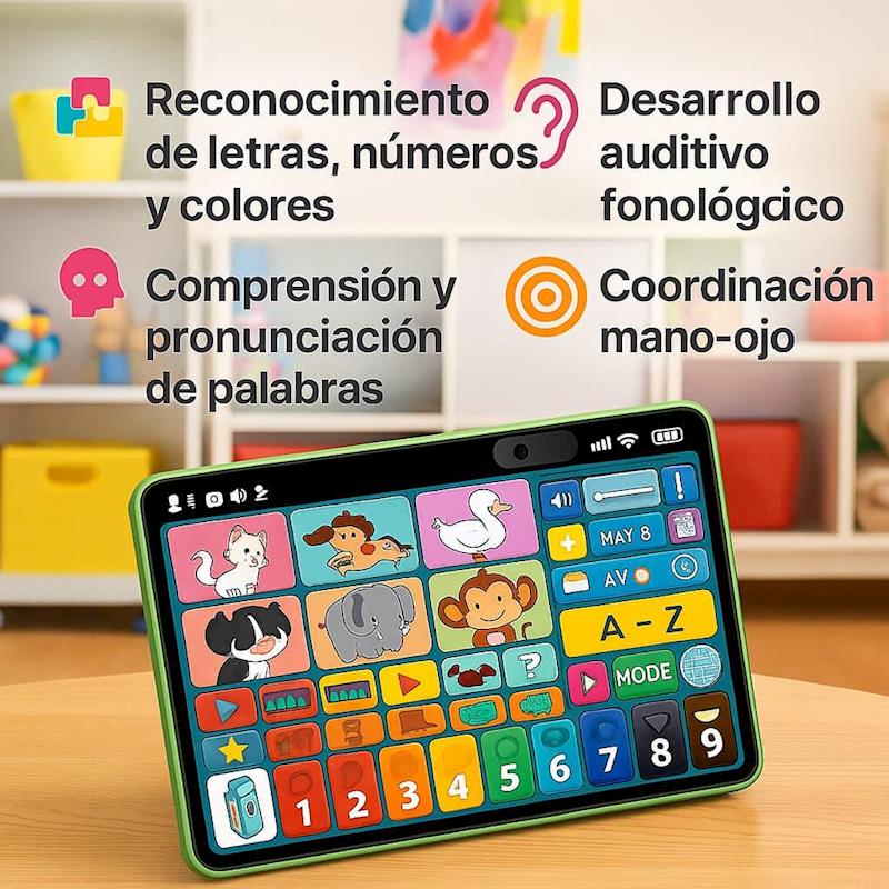 0960384 - Da-Da Kids Tablet with a colorful educational app on a wooden desk; Spanish text on background lists literacy, numbers, colors, auditory development, word comprehension, and hand-eye coordination.