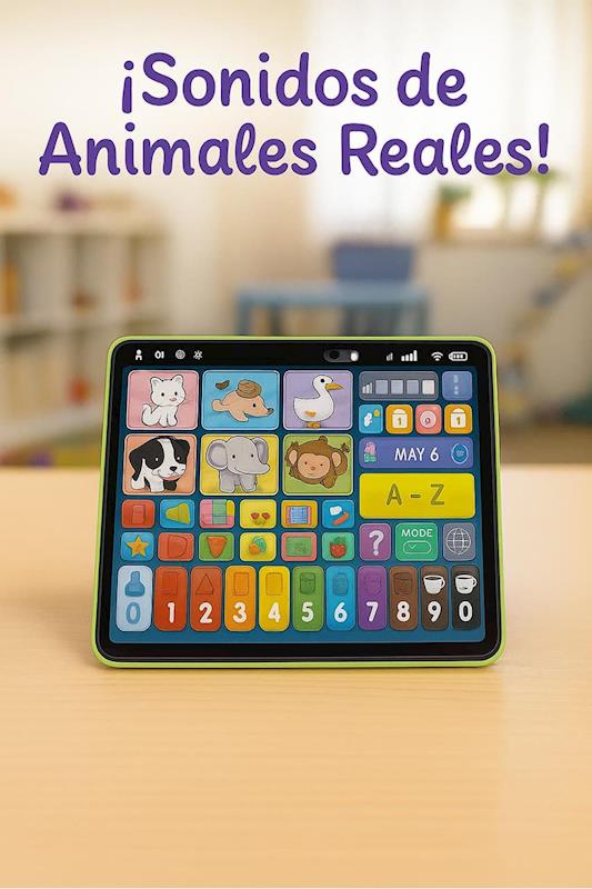 0960385 - Da-Da Kids Child's tablet toy screen with animal icons and the title '¡Sonidos de Animales Reales!' on a desk, promoting animal sounds for kids.
