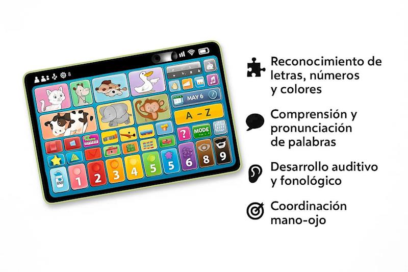 0960387 - Da-Da Kids Tableta educativa para niños con iconos coloridos; señala beneficios: reconocimiento de letras, números y colores; comprensión y pronunciación de palabras; desarrollo auditivo y fonológico; coordinación ojo-mano.