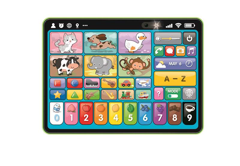 0960390 - Da-Da Kids Colorful kids' tablet UI with animal tiles, shaped buttons, and an A–Z panel.