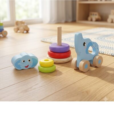 Wooden baby toys on a light wooden floor: colorful stacker rings, a blue elephant toy, and a smiling cloud block.