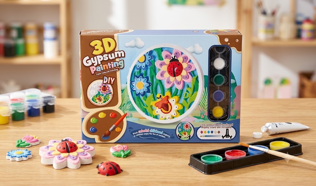 232042bf-0027-497d-ae2f-09ceeb14dd68 - Da-Da Kids DIY 3D gypsum painting kit box on a table with paints, brushes, and painted clay flowers.