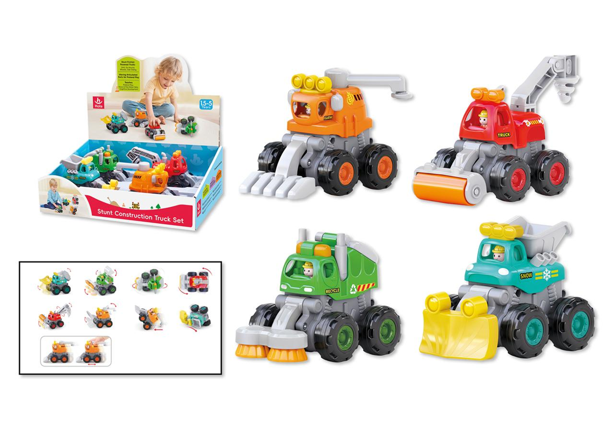 249-249067 - Da-Da Kids Toy construction truck set for kids, featuring five colorful vehicles (orange excavator, red crane truck, green recycling truck, blue snowplow, and teal dump truck) and a product box shown in the corner.