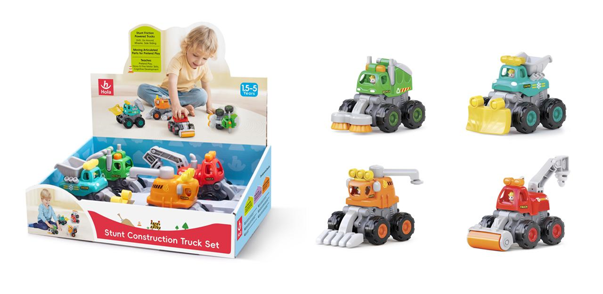 249-249070 - Da-Da Kids Colorful stunt construction truck set for kids, with a child playing and a blue display box labeled 'Stunt Construction Truck Set' showing multiple mini vehicles.