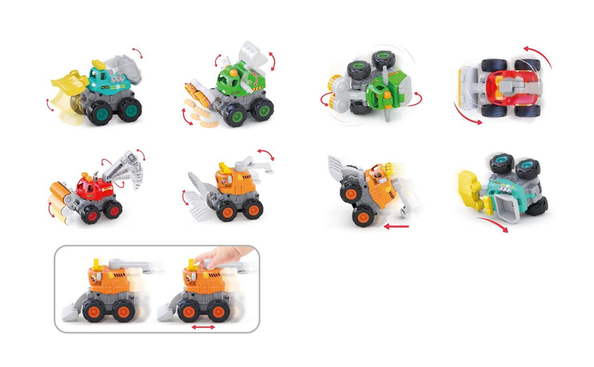 249-249081 - Da-Da Kids Collage of small plastic construction vehicles with rotating parts and detachable pieces, illustrating assembly steps.