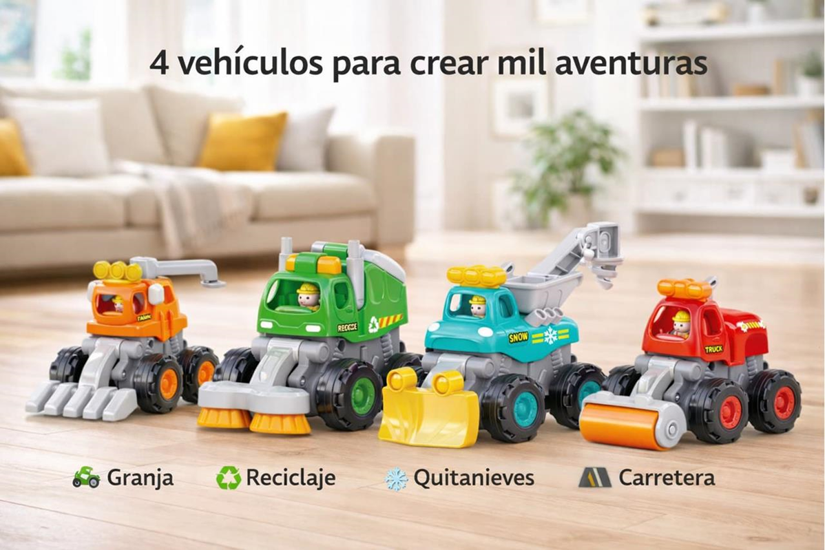 249-249105 - Da-Da Kids Cuatro camiones-juguete en una sala, representando Granja, Reciclaje, Quitanieves y Carretera, listos para jugar.