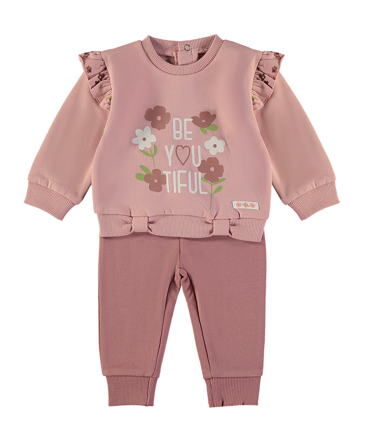 261010_000052_1 - Da-Da Kids Pink baby outfit: long-sleeve top with floral print and 'BE YOU TIFUL' text, paired with matching pink knit pants.