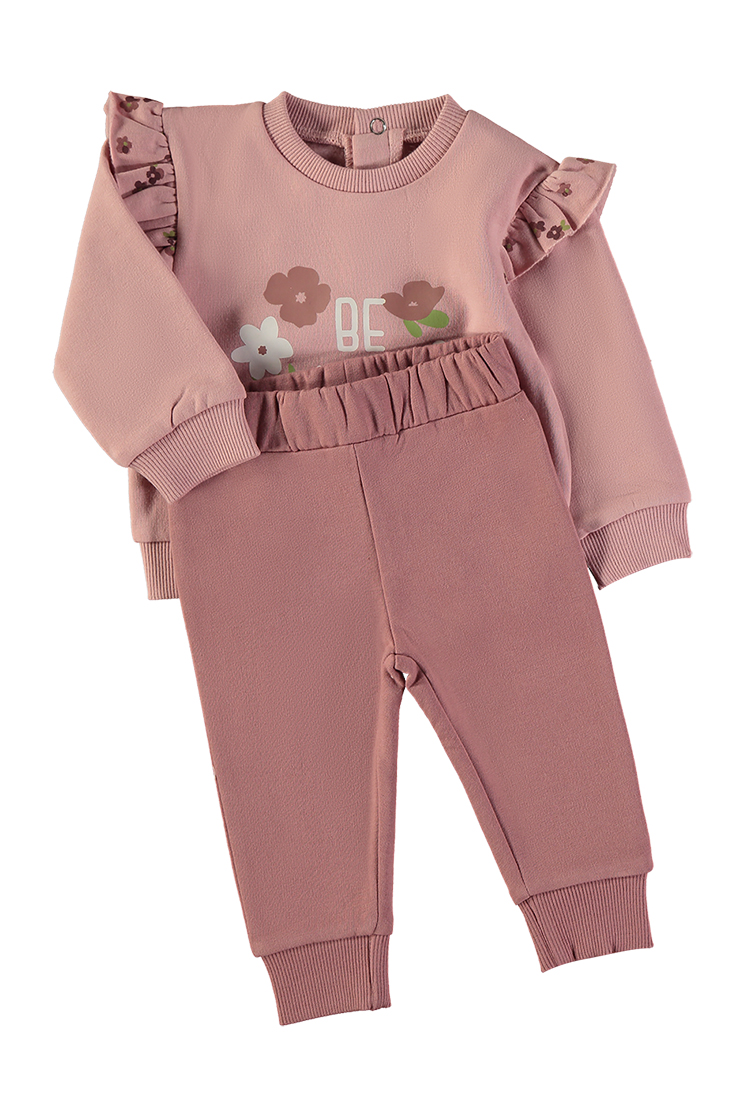 261010_000052_3 - Da-Da Kids Pink baby girl's long-sleeve top with ruffled shoulders and matching pink jogger pants; top features floral print and the letters 'BE' on the chest.