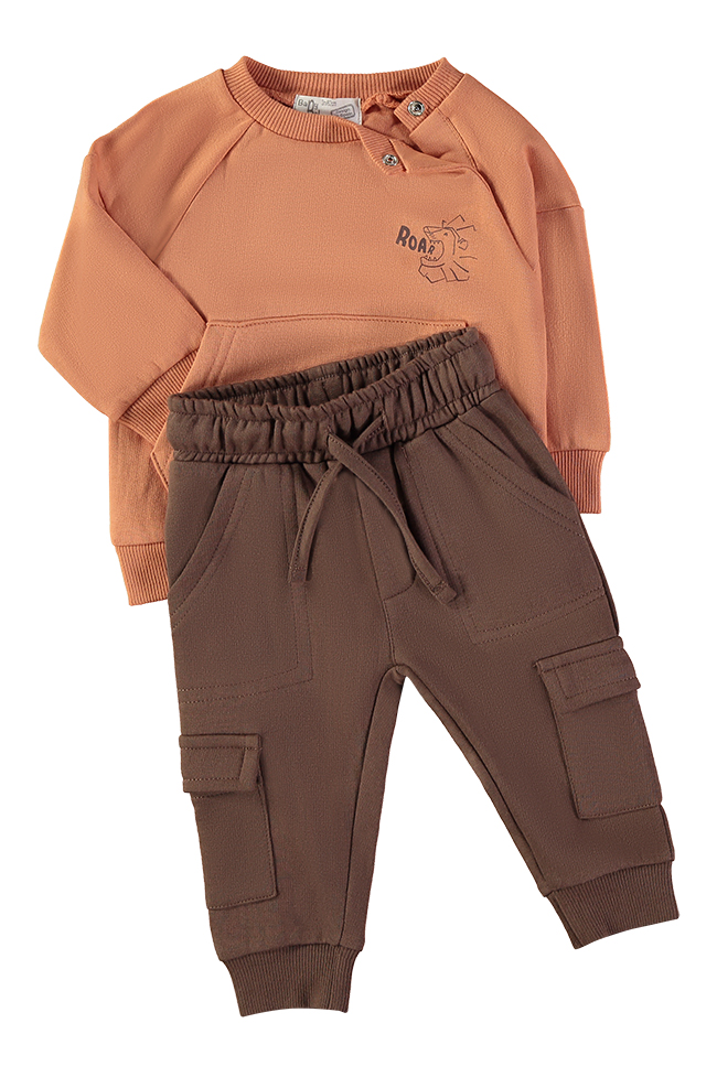 262041_000059_3 - Da-Da Kids Peach toddler sweatshirt with a small lion graphic paired with brown cargo jogger pants with pockets and a drawstring.
