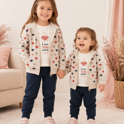 2785ab56-6834-43da-bd0a-2e3dce531d23 - Da-Da Kids Two smiling sisters holding hands, wearing matching beige heart-pattern hoodies, white shirts saying 'Love you more,' navy pants, and pink sneakers in a cozy room.
