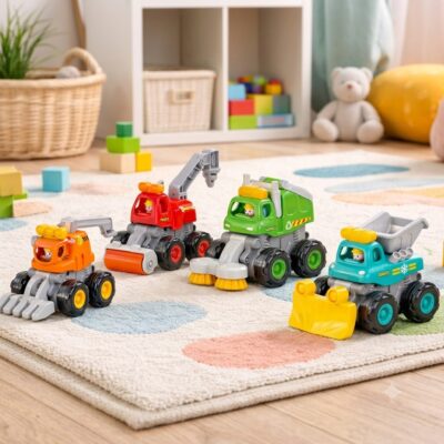2874c744-cde2-422d-9e14-4110dff171d8 - Da-Da Kids Group of colorful plastic toy construction vehicles on a soft patterned rug in a playroom.