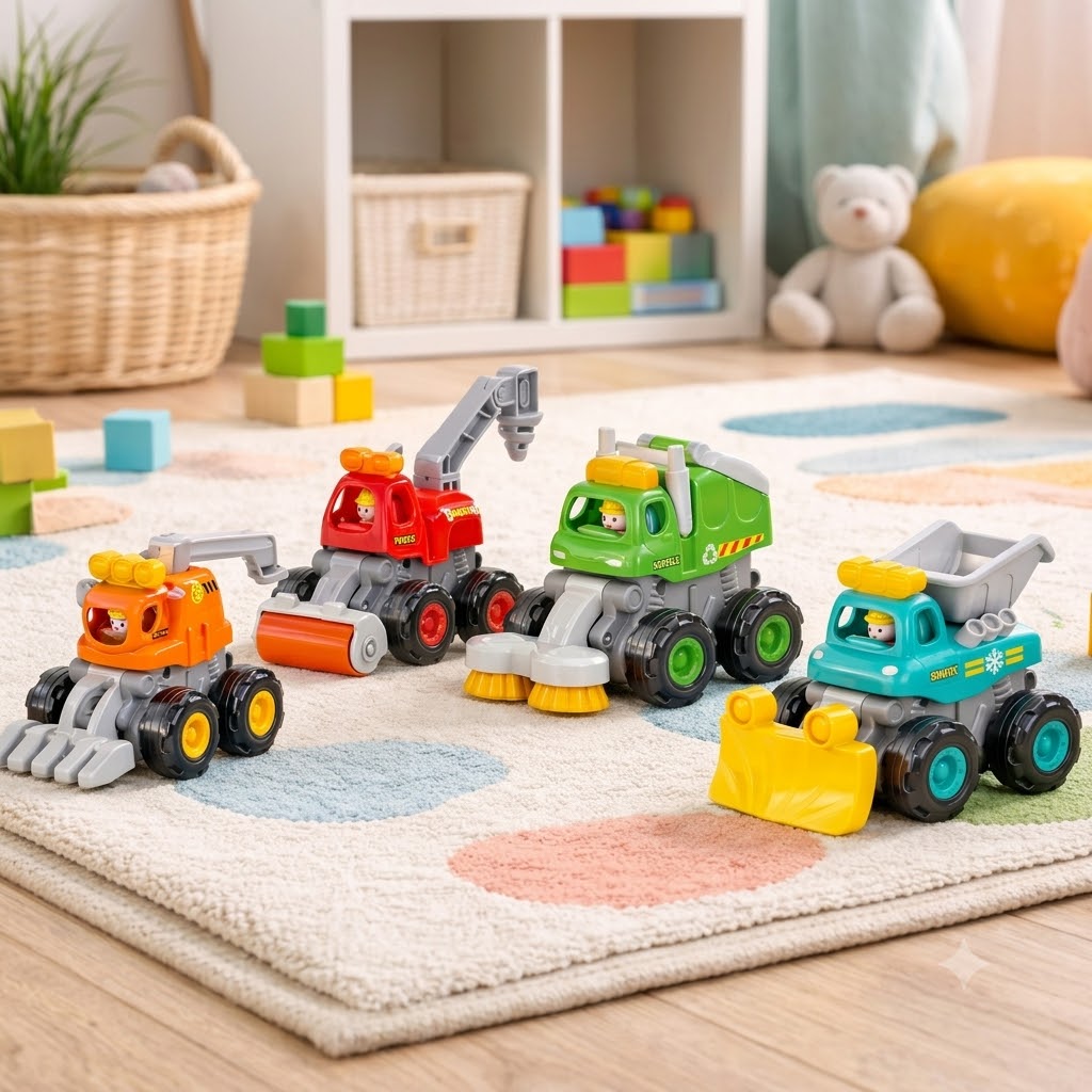 2874c744-cde2-422d-9e14-4110dff171d8 - Da-Da Kids Group of colorful plastic toy construction vehicles on a soft patterned rug in a playroom.