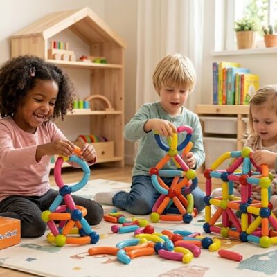 Four children sit on a rug in a sunny playroom, building colorful magnetic construction structures.