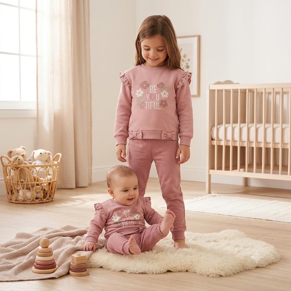 3331c601-a4f5-4d84-b51f-cf89efad71a6 - Da-Da Kids Two little girls in pink outfits playing in a bright nursery; one stands while the baby sits on a soft rug, with a wooden stacker toy nearby and a crib in the background (shirt reads 'BE YOU TIFUL').