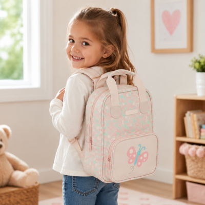 Smiling girl with a pastel pink butterfly backpack in a bright, cozy playroom.