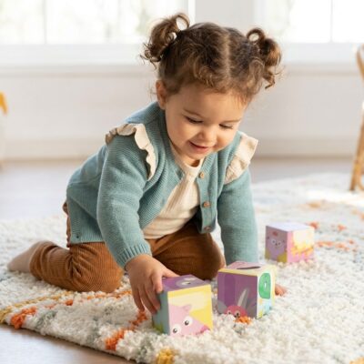 45f0773f-4cf6-4760-8dba-404182a75a4d - Da-Da Kids Young child in a teal cardigan plays with colorful animal blocks on a white rug in a bright room.