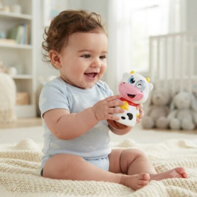 Smiling baby in a light blue onesie sits on a cream knit blanket, holding a cow-shaped toy with a pink face and yellow horns.
