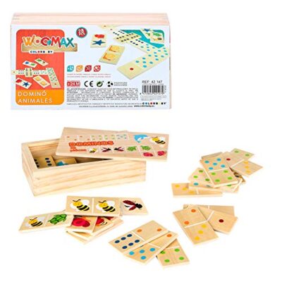 Wooden dominoes game set with animal pictures, box shown in background and tiles spread out on a white surface.