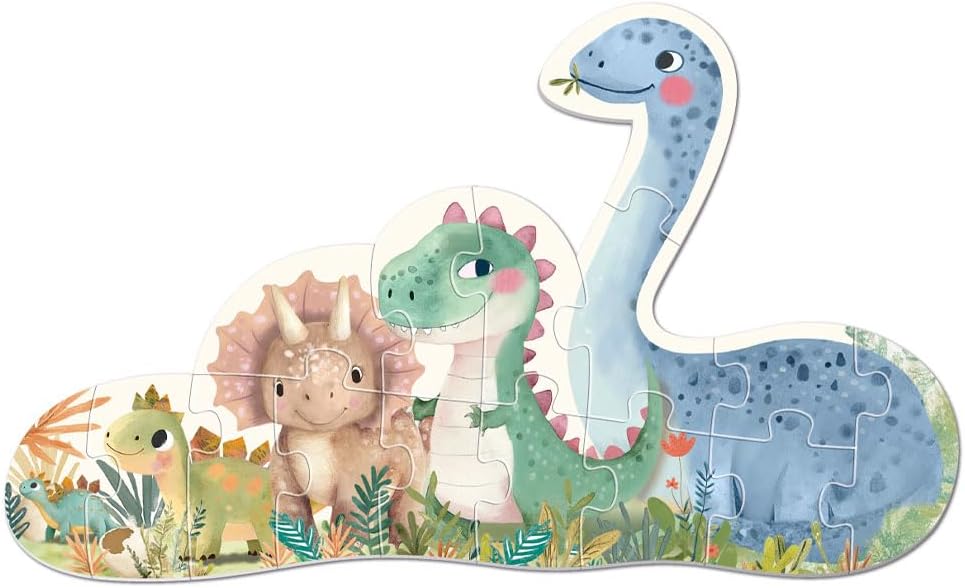 51Rm3zrG4GL_AC_SL1080_ - Da-Da Kids Colorful children's puzzle featuring a blue long-necked dinosaur and two smaller dinosaurs among leafy plants.