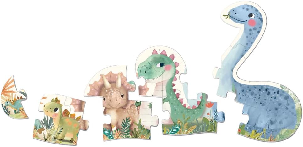 51TadetB4qL_AC_SL1080_ - Da-Da Kids Colorful dinosaur jigsaw pieces forming a long friendly blue-green dinosaur in a jungle scene, perfect for kids' puzzles.
