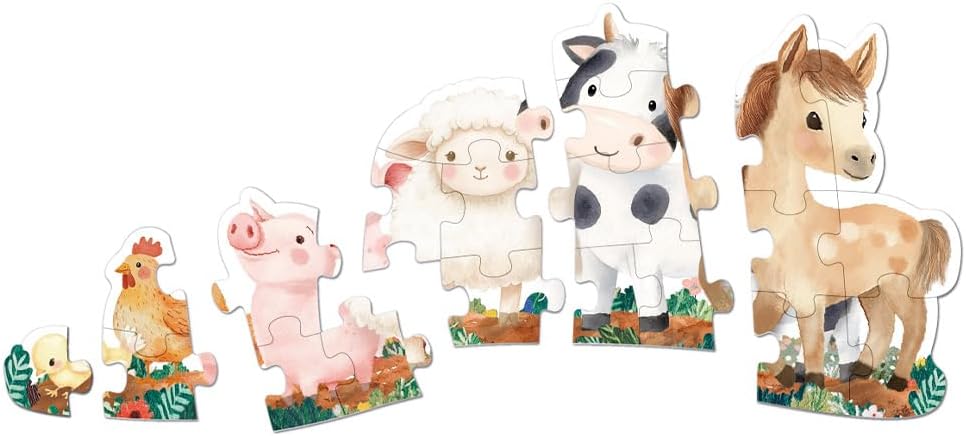 51eAnM+gUhL_AC_SL1080_ - Da-Da Kids Watercolor-style farm animal jigsaw puzzle, showing chick, chicken, pig, sheep, cow, and horse in a left-to-right arrangement with puzzle pieces separated.