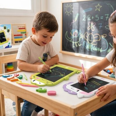 59422b89-82fb-470b-82c5-9bf9a109e799 - Da-Da Kids Two children sit at a small table drawing on tablet devices with styluses, as a chalkboard with colorful drawings looms behind them.