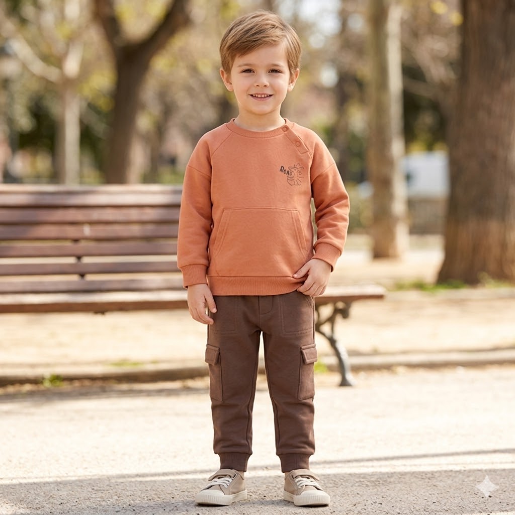 5d94fc2a-cbb0-4e03-bd55-241d00677440 - Da-Da Kids Smiling young boy standing in a park, wearing a peach sweatshirt and brown cargo pants with a bench in the background.