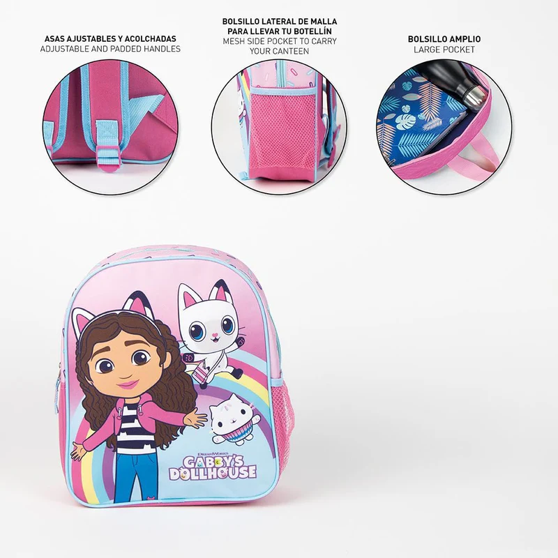 61DngEyC6iL_e6b5aa9e-4c80-4684-b8e3-22ce2da87d8c - Da-Da Kids Pink kids' backpack with girl and white cat, rainbow design; features side mesh pocket and adjustable padded straps.