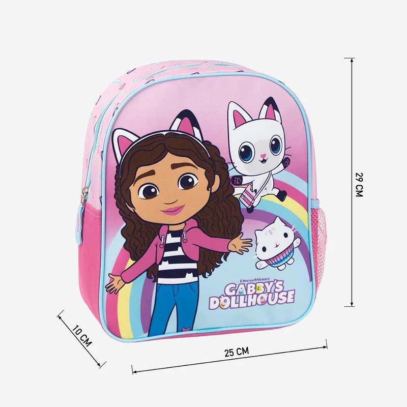 61PcQLAXWSL_b5dffd3b-2cbc-4811-937b-360c9b92ca2c - Da-Da Kids Pink kids' backpack featuring Gabby's Dollhouse characters, rainbow arc background, with a cartoon girl and white cats; overall size about 25×29 cm.