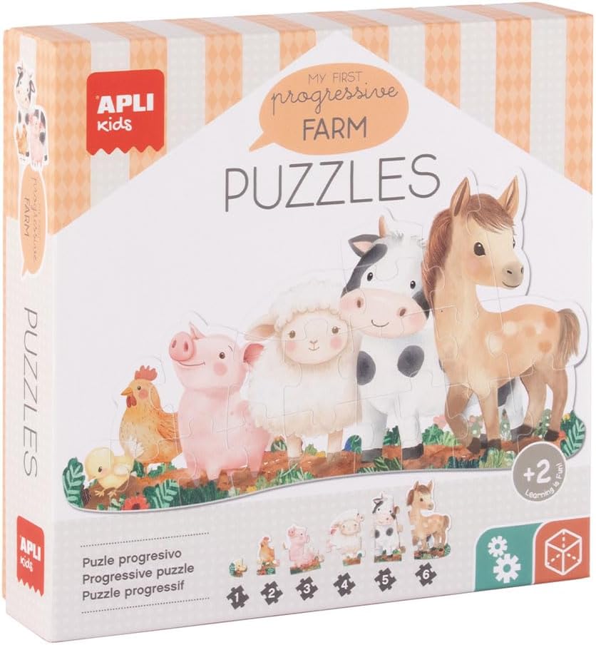 61bicMc+bpL_AC_SL1080_ - Da-Da Kids Box of APLI Kids My First Progressive Farm Puzzles for ages 2+, featuring farm animals like cow, horse, sheep, pig, chick and dogmatic illustration on the cover.