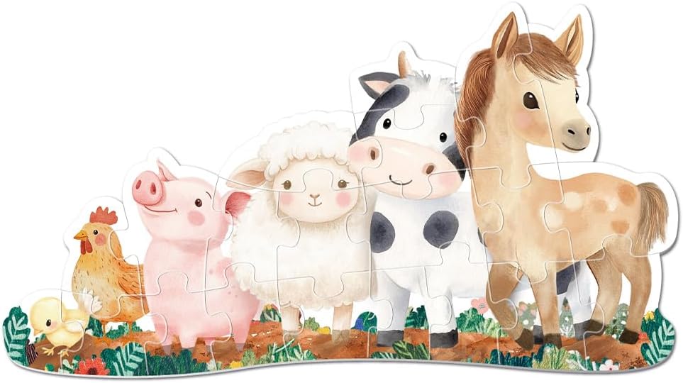 61h7n3Esh5L_AC_SL1080_ - Da-Da Kids A colorful puzzle showing farm animals—a chicken, pig, sheep, cow, and horse—standing on soil with greenery around.