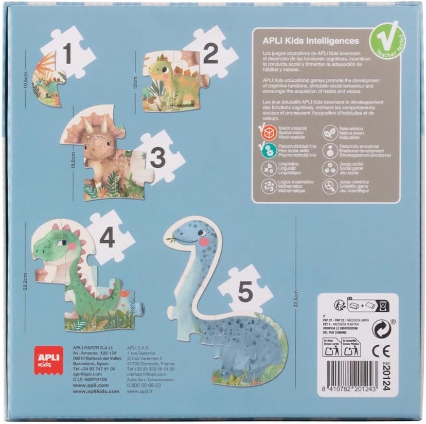 61wfNAeOa9L_AC_SL1080_ - Da-Da Kids Back of a children's puzzle box with five dinosaur puzzle pieces labeled 1–5 on a blue background; right side shows a product information panel.