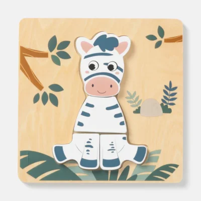 628962_01-MULTICOLOR-11 - Da-Da Kids Wooden puzzle featuring a cute white zebra with blue stripes, sitting on a wooden panel with plants in the background.