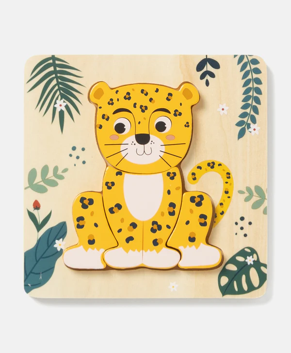 628962_01-MULTICOLOR-2-11 - Da-Da Kids Cartoon yellow leopard cub on a light wooden square puzzle piece, with tropical leaves and small white flowers in the background.