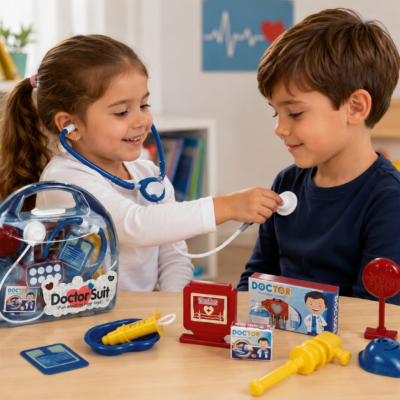 6b9d127f-43cc-4c11-a1db-2a9e1156e0db - Da-Da Kids Two children play doctor: girl uses stethoscope on smiling boy at a toy medical kit table.