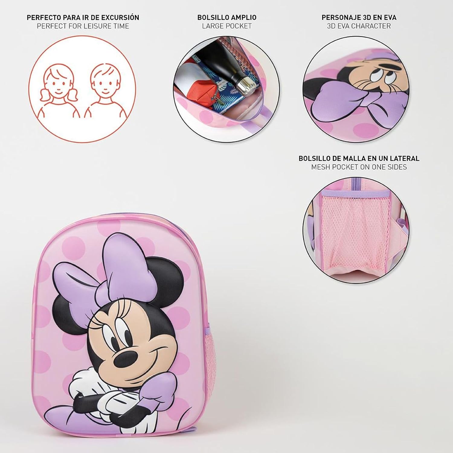 711l37cmboL_AC_SL1500_ - Da-Da Kids Pink Minnie Mouse backpack with large front and side pockets, showing dual-compartment design for kids' accessories