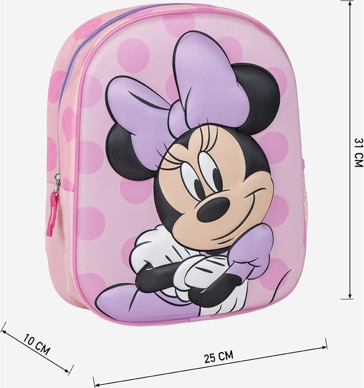 716qfcKeZiL_AC_SL1500_ - Da-Da Kids Kids' pink backpack featuring Minnie Mouse with purple bow and polka-dot background; size shown as 25 × 31 × 10 cm (approx).
